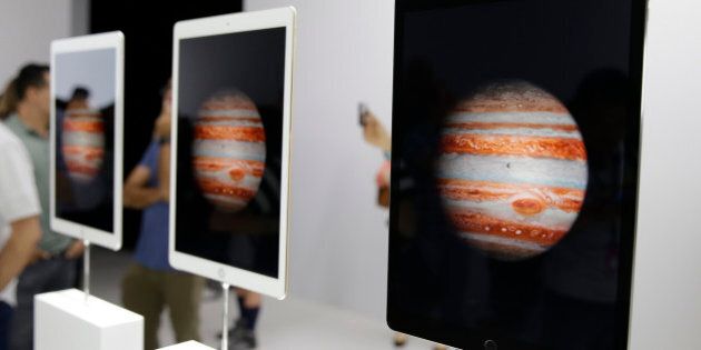 The new Apple iPad Pro is seen in three different finishes during a product display following an Apple event Wednesday, Sept. 9, 2015, in San Francisco. (AP Photo/Eric Risberg)