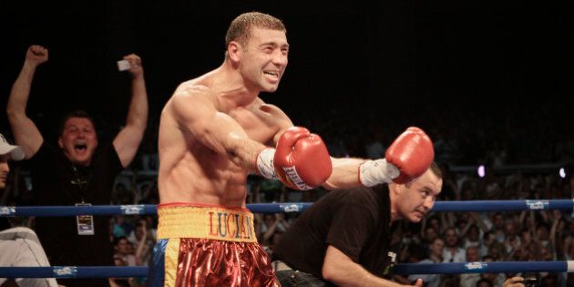 IBF Super Middleweight champion Lucian Bute reacts after knocking out Jean-Paul Mendy of France in Bucharest, Romania, Saturday night, July 9, 2011. Bute successfully defended his IBF Super Middleweight.(AP Photo/Vadim Ghirda)