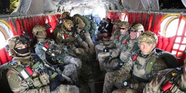 PETAWAWA, ON - JUNE, 1 A chinook helicopter is loaded with Special Forces for a training parachute jump.At Canadian Forces Base (CFB) Petawawa, members of the ultra secretive Canadian Special forces (CANSOFCOM) go through a variety of training exercises. (Richard Lautens/Toronto Star via Getty Images)