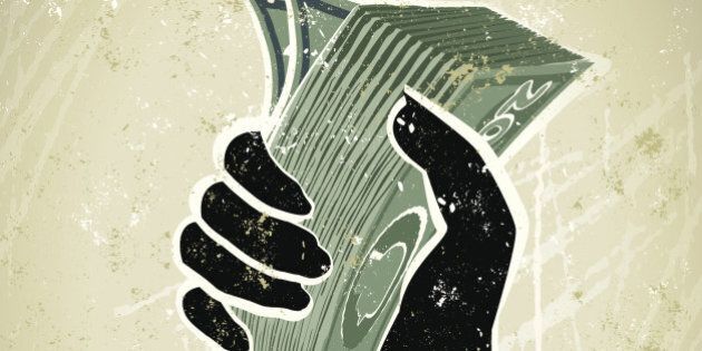 Money!! A stylized vector cartoon of a Businesswoman's hand holding banknotes , reminiscent of an old screen print poster and suggesting wages,greed, savings, economy, efficiency, banking, or credit crunch. hand, note, paper texture, and background are on different layers for easy editing.