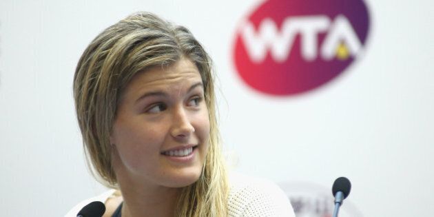 WUHAN, CHINA - SEPTEMBER 25: Eugenie Bouchard of Canada attends a press conference on day five of 2014 Dongfeng Motor Wuhan Open at Optics Valley International Tennis Center on September 25, 2014 in Wuhan, China. (Photo by Hong Wu/Getty Images)