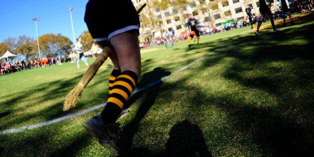 Competitors take part in a match of Quidditch, Harry Potter's magical and fictional game, during the 4th Quidditch World Cup in New York on November 13, 2010. Quidditch, the brainchild of Harry Potter author J.K. Rowling, has taken flight in some 400 colleges and 300 high schools in North America, getting its start in 2005 at Middlebury College, Vermont. Hundreds of competitors took over a Manhattan park to participate in the game's fourth world cup. AFP PHOTO/Emmanuel Dunand (Photo credit should read EMMANUEL DUNAND/AFP/Getty Images)