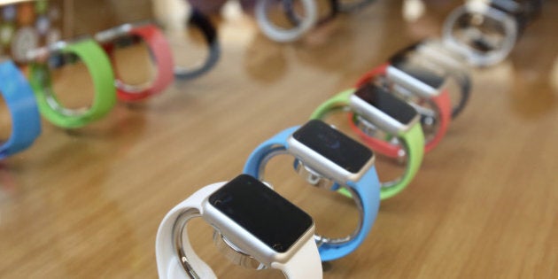 Apple Inc. Apple Watch Sport smartwatches are displayed at the company's Omotesando store in Tokyo, Japan, on Friday, April 10, 2015. Apple's first new gadget under Chief Executive Officer Tim Cook is debuting in eight countries and Hong Kong for previews, with shipments scheduled to start April 24. Photographer: Tomohiro Ohsumi/Bloomberg via Getty Images