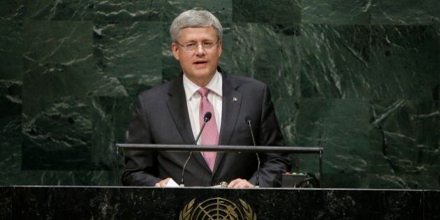 Canadian Prime Minister Stephen Harper addresses the 69th session of the United Nations General Assembly at U.N. headquarters on Thursday, Sept. 25, 2014. (AP Photo/Frank Franklin II)
