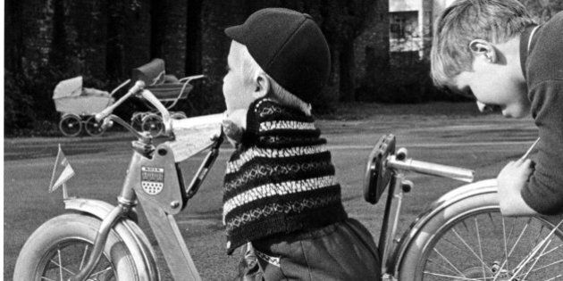 File - (FRA-33) Cologne, Oct. 21 (AP) - Vehicle for Unfortunate. Young pupil of special school for disabled children is still able to get about by means of this scooter designed by engeneer Ernest Weinert. Boy moves by shifting weight on seeat-board, driving rear wheele, and steers with shin. His deformity is attributed to thalidomide taken by his mother. (AP-Photo/Sanden) 21.10.1967