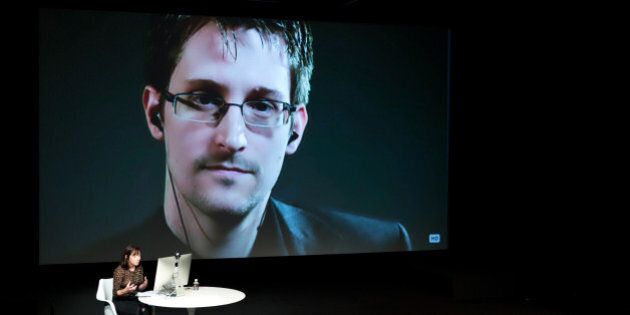IMAGE DISTRIBUTED FOR THE NEW YORKER - Edward Snowden talks with Jane Mayer via satellite at the 15th Annual New Yorker Festival on Saturday, Oct. 11, 2014 in New York. (Christopher Lane/AP Images for The New Yorker)