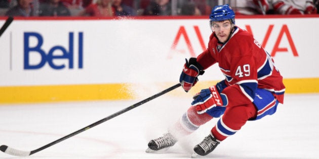 MONTREAL, QC - DECEMBER 16: Michael Bournival #49 of the Montreal Canadiens skates for position against the Carolina Hurricanes in the NHL game at the Bell Centre on December 16, 2014 in Montreal, Quebec, Canada. (Photo by Francois Lacasse/NHLI via Getty Images)