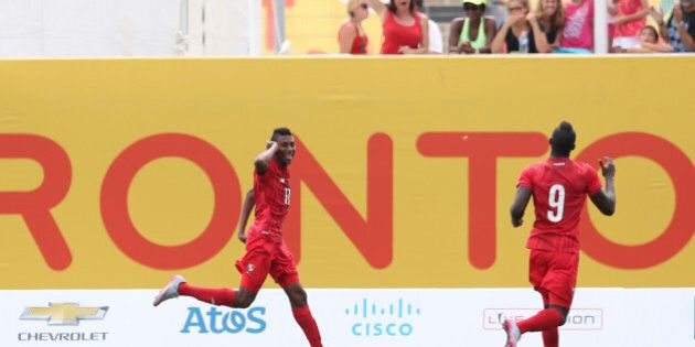 HAMILTON, CANADA - JULY 25: Jusiel NuÃ±es of Panama celebrates after scoring during the Men's Bronze Medal Match between Brazil and Panama as part of the Toronto 2015 Pan Am Games on July 25, 2015 in Hamilton, Canada. (Photo by William Volcov/Brazil Photo Press/LatinContent/Getty Images)