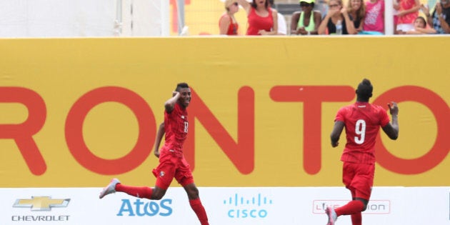 HAMILTON, CANADA - JULY 25: Jusiel Nuñes of Panama celebrates after scoring during the Men's Bronze Medal Match between Brazil and Panama as part of the Toronto 2015 Pan Am Games on July 25, 2015 in Hamilton, Canada. (Photo by William Volcov/Brazil Photo Press/LatinContent/Getty Images)