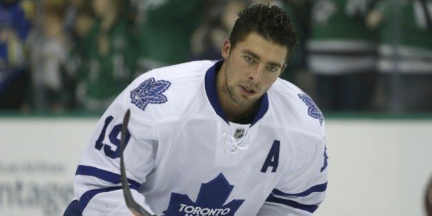 Toronto Maple Leafs right wing Joffrey Lupul (19) skates the ice during warm ups before an NHL hockey game against the Dallas Stars Tuesday, Dec. 23, 2014, in Dallas. (AP Photo/LM Otero)