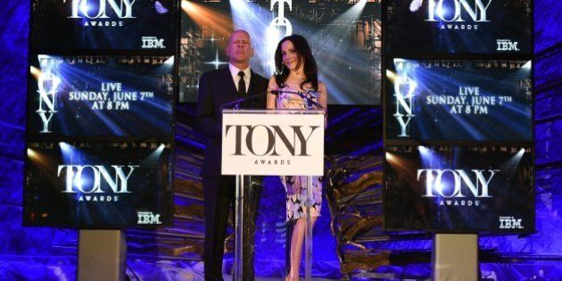 Actors Bruce Willis (L) and Mary-Louise Parker co-host the 2015 Tony Awards Nominations Announcement at the Diamond Horseshoe at the Paramount Hotel on April 28, 2015 in New York. AFP PHOTO / TIMOTHY A. CLARY (Photo credit should read TIMOTHY A. CLARY/AFP/Getty Images)