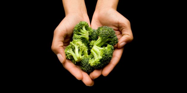 Human hands holding broccoli in cupped hands
