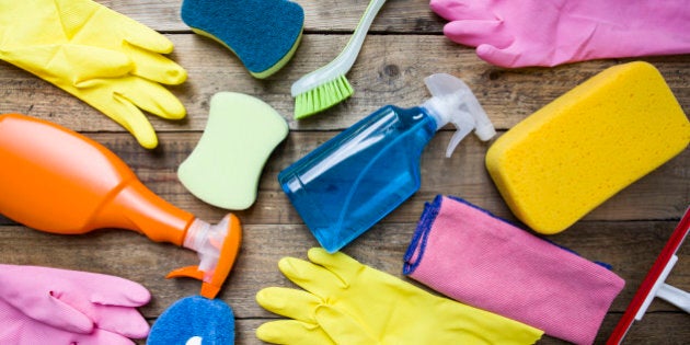 House cleaning product on wood table