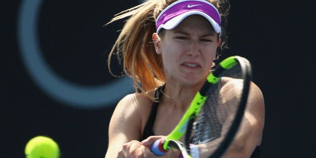 HOBART, AUSTRALIA - JANUARY 11: Eugenie Bouchard of Canada plays a backhand in the women's single's match against Bethanie Mattek-Sands of the United States during day two of the 2016 Hobart International at the Domain Tennis Centre on January 11, 2016 in Hobart, Australia. (Photo by Robert Cianflone/Getty Images)