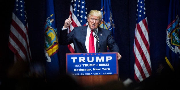 BETHPAGE, NY - APRIL 6: Republican presidential candidate Donald Trump speaks during a campaign event at Grumman Studios in Bethpage, NY on Wednesday April 06, 2016. (Photo by Jabin Botsford/The Washington Post via Getty Images)