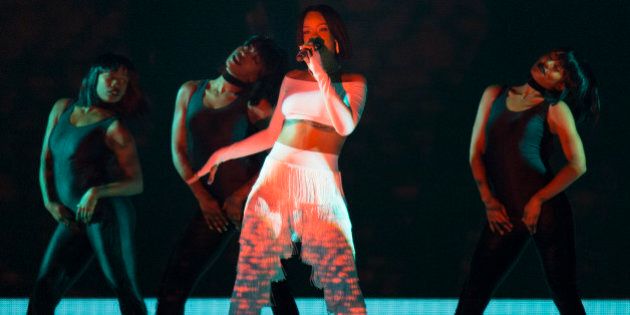 Rihanna on stage during the 2016 Brit Awards at the O2 Arena, London.