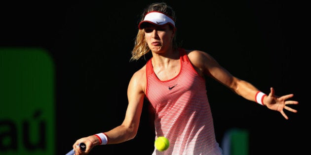 KEY BISCAYNE, FL - MARCH 23: Eugenie Bouchard of Canada plays a forehand against Lucie Hradecka of the Czech Republic in their first round match during the Miami Open Presented by Itau at Crandon Park Tennis Center at Crandon Park Tennis Center on March 23, 2016 in Key Biscayne, Florida. (Photo by Clive Brunskill/Getty Images)