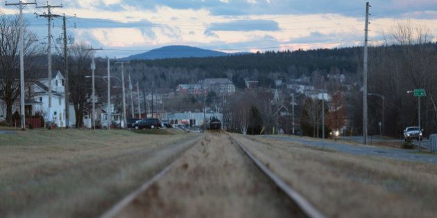 LAC-MEGANTIC, QUE - NOVEMBER 19: A view of the down hill sloping track towards downtown Lac-Megantic where a runaway MMA train rolled and eventually derailed. A sole remaining tanker car can be seen in the center. The July 6, 2013 accident killed 42 people with 5 more missing and presumed dead. November 18, 2013. (Chris So/Toronto Star via Getty Images)