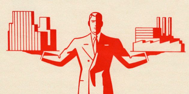 Vintage illustration of businessman holding office building and factory, 1948. Lithograph. (Illustration by GraphicaArtis/Getty Images)