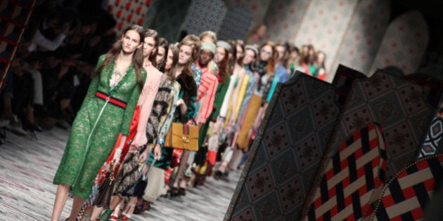 MILAN, ITALY - SEPTEMBER 23: A model walks the runway during the Gucci show as a part of Milan Fashion Week Spring/Summer 2016 on September 23, 2015 in Milan, Italy. (Photo by Antonio de Moraes Barros Filho/WireImage)