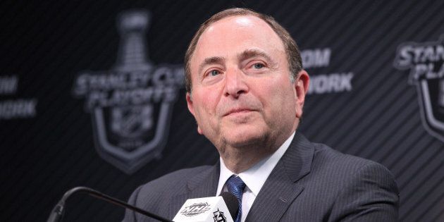 WINNIPEG, MB - APRIL 20: NHL Commissioner Gary Bettman talks to the media prior to Game Three of the Western Conference Quarterfinals between the Anaheim Ducks and Winnipeg Jets during the 2015 NHL Stanley Cup Playoffs at the MTS Centre on April 20, 2015 in Winnipeg, Manitoba, Canada. (Photo by Marianne Helm/Getty Images)
