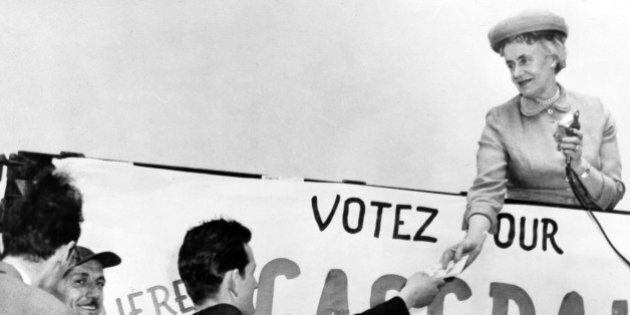 Therese Casgrain, president of the League for Women's Rights in Quebec from 1929 to 1942, is pictured during an election campaign in a 1967 photo. Casgrain, a feminist icon and Quebec heroine who died in 1981, has been quietly removed from a national honour, to be replaced by a volunteer award bearing the prime minister's banner. THE CANADIAN PRESS/files