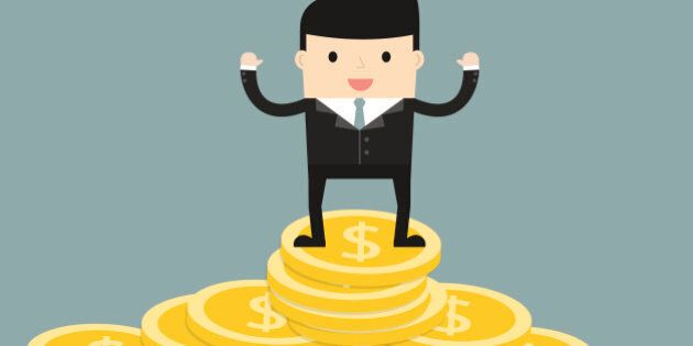 Business situation. Businessman standing on a pile of coins. The symbol of high profits and a successful business. Vector illustration.