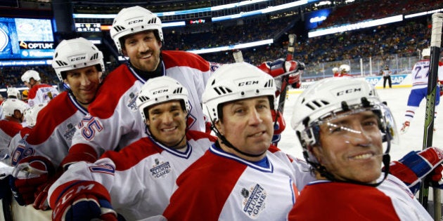 BOSTON, MA - DECEMBER 31 : Mike Lalor #38, Mathieu Dandenault #25, Gilbert Delorme #27, Rick Green #5 and Patrice Brisebois #71 of the Montreal Canadiens on the bench against the Boston Bruins in the Alumni Game on December 31, 2015 during 2016 Bridgestone NHL Winter Classic at Gillette Stadium in Foxboro, Massachusetts. (Photo by Olivier Samson Arcand/NHLI via Getty Images)