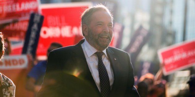 NDP leader Tom Mulcair arrives for the first federal leaders debate of the 2015 Canadian election campaign on August 6, 2015 in Toronto, Canada. The federal election is set for October 19, 2015. AFP/ GEOFF ROBINS (Photo credit should read GEOFF ROBINS/AFP/Getty Images)