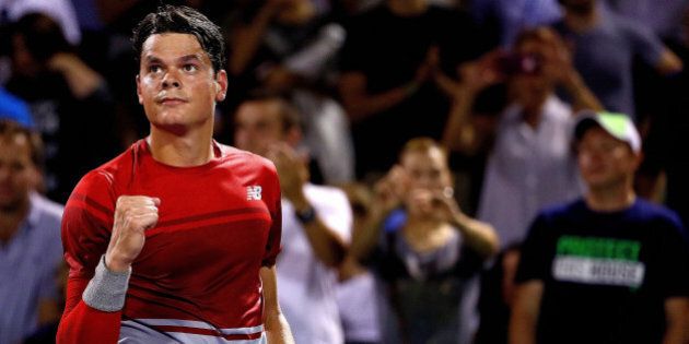 KEY BISCAYNE, FL - MARCH 28: Milos Raonic of Canada celebrates winning a match against Jack Sock during Day 8 of the Miami Open presented by Itau at Crandon Park Tennis Center on March 28, 2016 in Key Biscayne, Florida. (Photo by Mike Ehrmann/Getty Images)