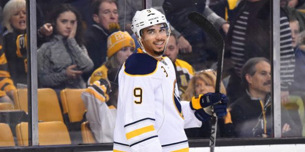 BOSTON, MA - DECEMBER 26 : Evander Kane #9 of the Buffalo Sabres celebrates a goal against the Boston Bruins at the TD Garden on December 26, 2015 in Boston, Massachusetts. (Photo by Brian Babineau/NHLI via Getty Images)
