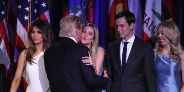 NEW YORK, NY - NOVEMBER 09: Republican president-elect Donald Trump and his daughter Ivanka Trump embrace as his wife Melania Trump (L), Jared Kushner (2nd-R) ad Tiffany Trump look on after delivering his acceptance speech at the New York Hilton Midtown in the early morning hours of November 9, 2016 in New York City. Donald Trump defeated Democratic presidential nominee Hillary Clinton to become the 45th president of the United States. (Photo by Mark Wilson/Getty Images)