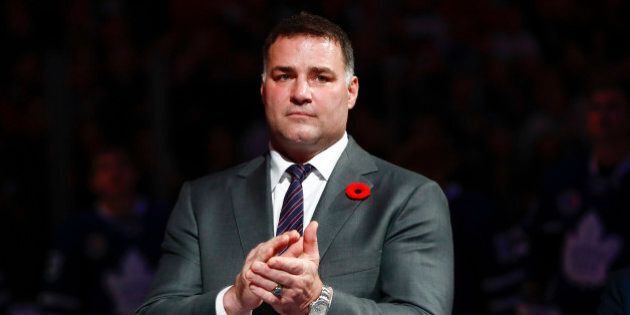 TORONTO, ON - NOVEMBER 11: Eric Lindros is honoured for his induction into the Hockey Hall of Fame prior to the game between the Toronto Maple Leafs and the Philadelphia Flyers at the Air Canada Centre on November 11, 2016 in Toronto, Ontario, Canada. (Photo by Mark Blinch/NHLI via Getty Images)