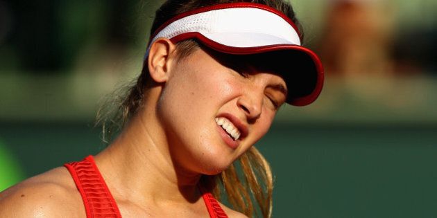 KEY BISCAYNE, FL - MARCH 23: Eugenie Bouchard of Canada shows her frustration against Lucie Hradecka of the Czech Republic in their first round match during the Miami Open Presented by Itau at Crandon Park Tennis Center at Crandon Park Tennis Center on March 23, 2016 in Key Biscayne, Florida. (Photo by Clive Brunskill/Getty Images)