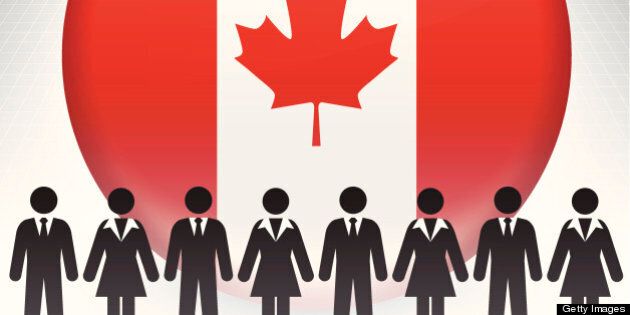 Canada Flag Button with Business Concept Stick Figures