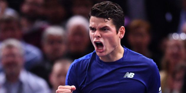 Canada's Milos Raonic reacts after winning his quarter-final tennis match against France's Jo-Wilfried Tsonga at the ATP World Tour Masters 1000 indoor tournament in Paris on November 4, 2016. / AFP / FRANCK FIFE (Photo credit should read FRANCK FIFE/AFP/Getty Images)