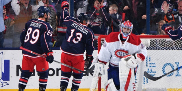 COLUMBUS, OH - NOVEMBER 4: Cam Atkinson #13 of the Columbus Blue Jackets reacts after scoring on goaltender Al Montoya #35 of the Montreal Canadiens during the second period of a game on November 4, 2016 at Nationwide Arena in Columbus, Ohio. (Photo by Jamie Sabau/NHLI via Getty Images)