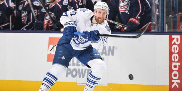 COLUMBUS, OH - APRIL 8: Leo Komarov #47 of the Toronto Maple Leafs skates against the Columbus Blue Jackets on April 8, 2015 at Nationwide Arena in Columbus, Ohio. (Photo by Jamie Sabau/NHLI via Getty Images)