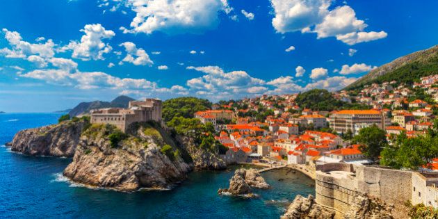 Croatia. South Dalmatia. General view of Dubrovnik - Fortresses Lovrijenac (left side) and Bokar seen from south old walls (it is on UNESCO World Heritage List since 1979)