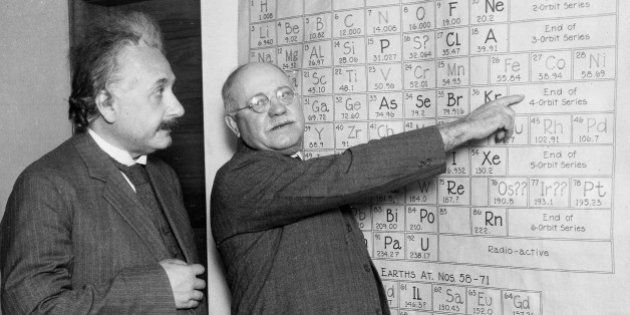 Dr. Dayton C. Miller and Dr. Albert Einstein are pictured at the Carnegie Institute in Washington, undated. (AP Photo)