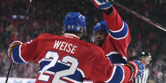 MONTREAL, QC - NOVEMBER 5: Dale Weise #22 of the Montreal Canadiens celebrates after scoring a goal against the New York Islanders in the NHL game at the Bell Centre on November 5, 2015 in Montreal, Quebec, Canada. (Photo by Francois Lacasse/NHLI via Getty Images)