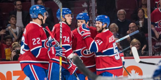 October 6, 2016: Montreal Canadiens celebrates after Montreal Canadiens center Andrew Shaw (65) score the 1st goal during the first period of a preseason NHL game between the Toronto Maple Leafs and the Montreal Canadiens at Bell Centre in Montreal, QC (Photo by Vincent Ethier/Icon Sportswire via Getty Images)