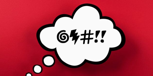 Swear word thought bubble against red background