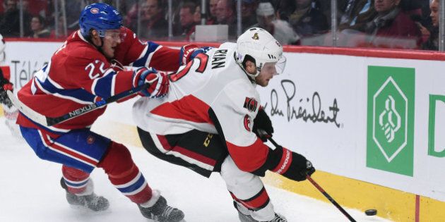MONTREAL, QC - NOVEMBER 3: Bobby Ryan #6 of the Ottawa Senators controls the puck against Dale Weise #22 of the Montreal Canadiens in the NHL game at the Bell Centre on November 3, 2015 in Montreal, Quebec, Canada. (Photo by Francois Lacasse/NHLI via Getty Images)