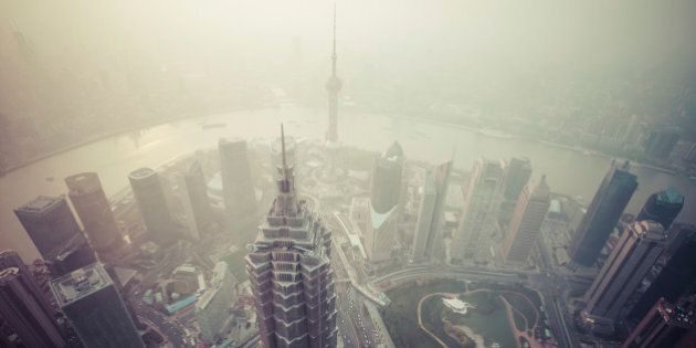 Air pollution at sunset on Shanghai, China
