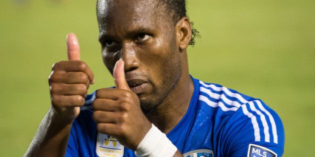 CARSON, CA - SEPTEMBER 12: Didier Drogba #11 of Montreal Impact makes faces to the crowd after missing a shot on goal during Los Angeles Galaxy's MLS match against Montreal Impact at the StubHub Center on September 12, 2015 in Carson, California. The match ended in 0-0 tie (Photo by Shaun Clark/Getty Images)