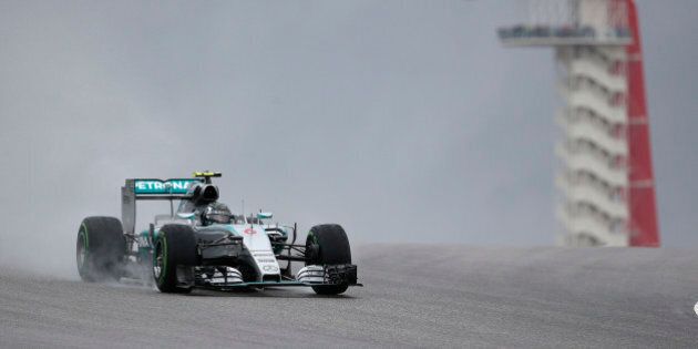 Mercedes driver Nico Rosberg, of Germany, steers his car during the first practice session for the Formula One U.S. Grand Prix auto race at the Circuit of the Americas, Friday, Oct. 23, 2015, in Austin, Texas. (AP Photo/John Locher)