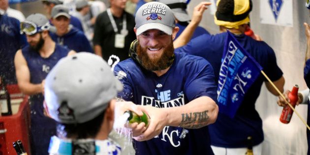KANSAS CITY, MO - OCTOBER 23: Jonny Gomes #31 of Kansas City Royals celebrates in the clubhouse after winning Game 6 of the ALCS against the Toronto Blue Jays at Kauffman Stadium on Friday, October 23, 2015 in Kansas City Missouri. (Photo by LG Patterson/MLB Photos via Getty Images)
