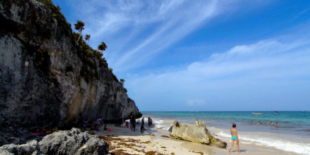 QUINTANA ROO, Oct. 6, 2015 -- Tourists are seen on a beach in Tulum, Quintana Roo state of Mexico, on Oct. 5, 2015. The beaches of Cancun and Tulum have been nominated as Mexico and Central America's leading beach destination 2015 in the World Travel Awards. (Xinhua/Francisco Galvez/NOTIMEX via Getty Images)