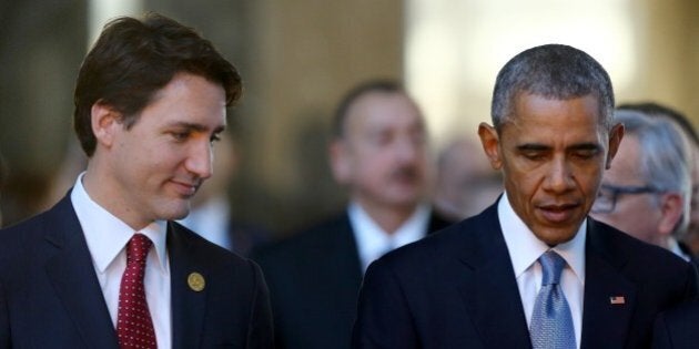 ANTALYA, TURKEY - NOVEMBER 15: (L-R) Canadian Prime Minister Justin Trudeau, US President Barack Obama and UN Secretary-General Ban Ki-moon are seen following the family photo during the G20 Turkey Leaders Summit on November 15, 2015 in Antalya, Turkey. (Photo by Cem Oksuz/Anadolu Agency/Getty Images)